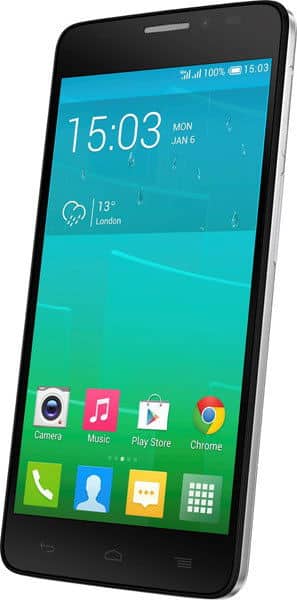 Alcatel One Touch Idol X+ smartphone, front view, displaying colorful home screen with time, weather, and app icons