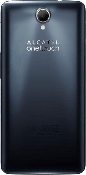 Alcatel One Touch Idol X+ rear view, dark blue phone with camera lens and branding visible