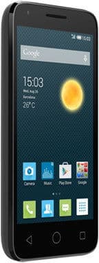 Alcatel One Touch Pixi 3 (4.5-inch) smartphone shown front-facing with home screen displaying weather widget and app grid