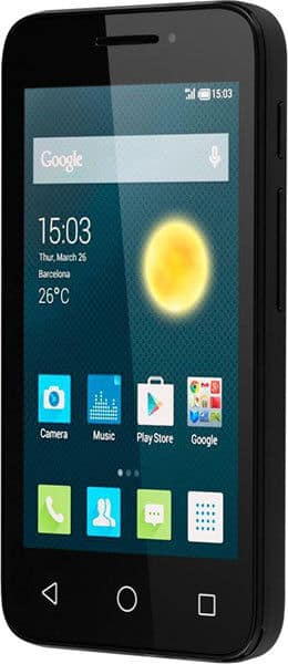 Alcatel One Touch Pixi 3 (4-inch) smartphone front view displaying home screen with weather widget, time, and app icons