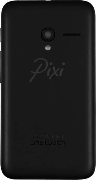 Alcatel One Touch Pixi 3 (4-inch) rear view, black smartphone with camera and "Pixi" branding visible