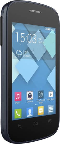 Alcatel One Touch Pop C1 smartphone, front view, displaying home screen with blue geometric wallpaper and app icons