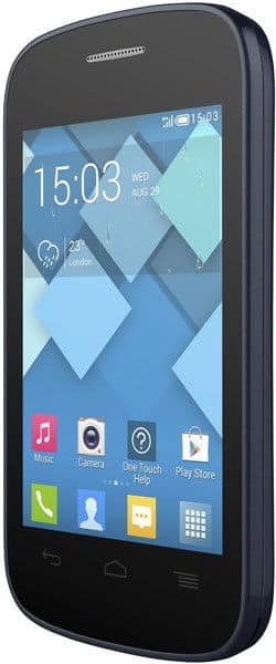 Alcatel One Touch Pop C1 smartphone displaying home screen with blue geometric wallpaper, app icons, and status indicators, front view