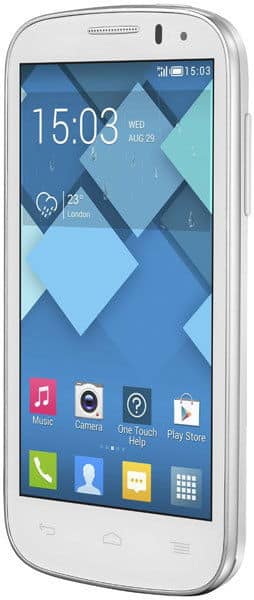 Alcatel One Touch Pop C5 front view, white smartphone with blue geometric wallpaper and app icons on screen