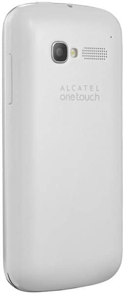 Alcatel One Touch Pop C5 rear view, white smartphone with camera and speaker visible