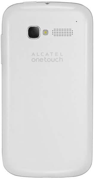 Alcatel One Touch Pop C5 rear view, white phone showing camera and speaker grille