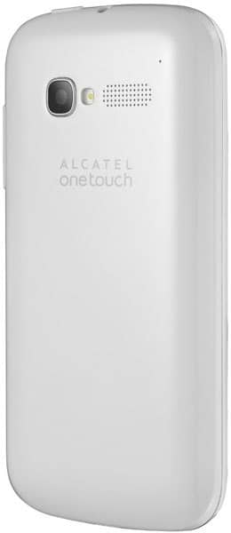 Alcatel One Touch Pop C5 rear view, white smartphone with camera and speaker grille visible