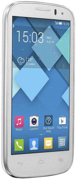 Alcatel One Touch Pop C5 smartphone, front view, displaying home screen with blue geometric wallpaper and app icons