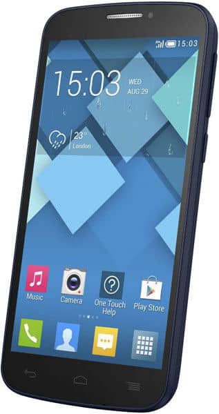 Alcatel One Touch Pop Icon smartphone displaying home screen with time, date, and app icons including Music, Camera, and Play Store