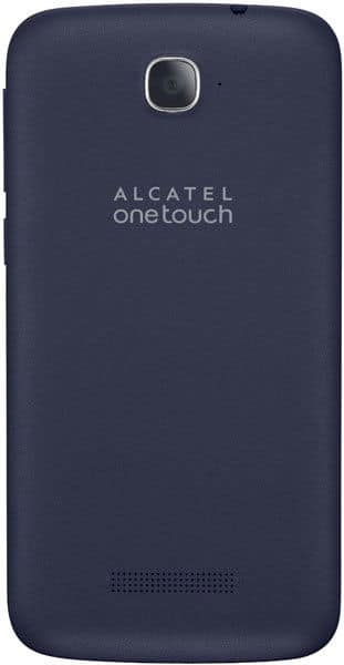 Alcatel One Touch Pop Icon rear view, dark blue phone with camera and speaker grille visible
