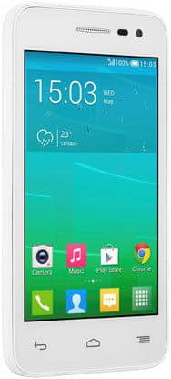 Front view of white Alcatel One Touch POP S3 showing home screen, time 15:03, May 7, 23°C London, four app icons at bottom.