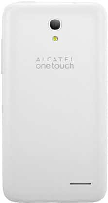 Rear view of white Alcatel One Touch POP S3 showing camera, flash, center logo, and bottom speaker slot.