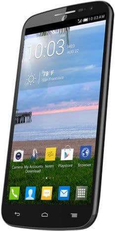 Alcatel One Touch Pop Star smartphone front view with home screen displaying weather widget and app icons
