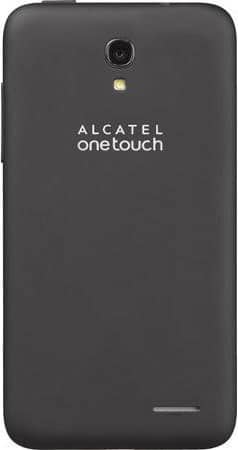 Alcatel One Touch Pop Star rear view, dark gray smartphone with camera lens and branding visible