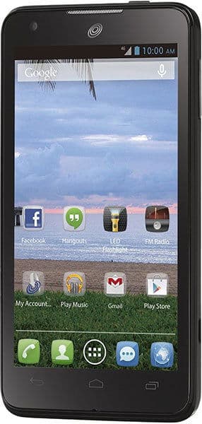 Alcatel One Touch Sonic front view showing homescreen with app icons, status bar displaying 10:00 AM, and beach landscape wallpaper