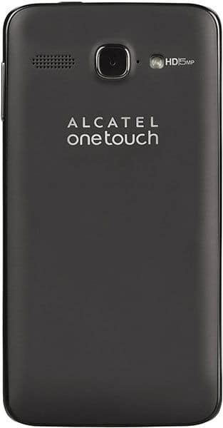 Alcatel One Touch Sonic rear view, black smartphone with camera and HD branding visible