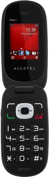 Alcatel One Touch 665 flip phone, open, showing red home screen above keypad with numeric and symbol keys