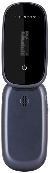 Alcatel One Touch 665 flip phone, open position showing black upper display and blue-gray lower keypad with speaker