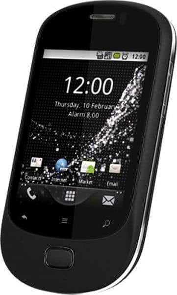 Alcatel One Touch 908 smartphone, front view with screen displaying 12:00 time and home screen icons on black background