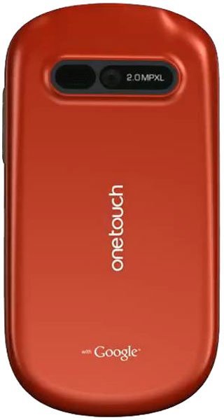 Alcatel One Touch 908 rear view, red clamshell phone with 2.0 megapixel camera and Google branding