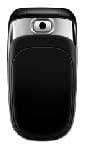 Alcatel OT-C630a, front view, black flip phone with silver hinged top and small screen