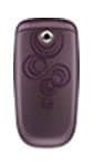 Alcatel OT-C635a front view, purple flip phone with decorative swirl pattern on closed cover