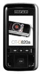 Alcatel OT-C820a front view, black candybar phone with small screen, keypad, and camera lens visible