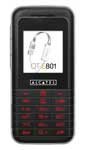 Alcatel OT-E801a front view, black mobile phone with small screen and red button accents