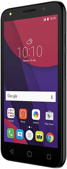 Alcatel Pixi 4 (5) front view, black smartphone displaying home screen with colorful app icons and time 10:10