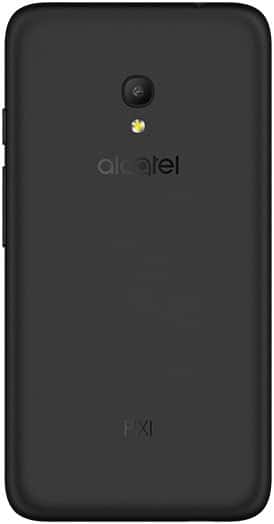 Alcatel Pixi 4 (5) rear view showing black back panel with camera, speaker, and branding