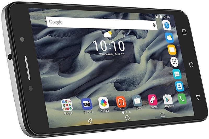 Alcatel Pixi 4 (6) front view with Google search bar, home screen icons, and time display showing 10:10 Wednesday, June 10