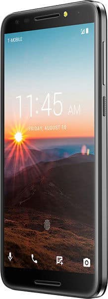 Alcatel REVVL front view showing lock screen with sunset mountain landscape, time 11:45 AM, and status icons at top