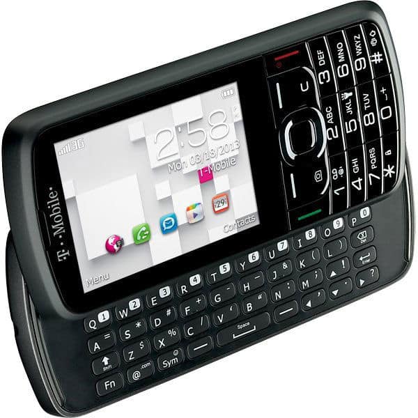 Alcatel Sparq II front view, black phone with slide-out QWERTY keyboard and display showing home screen with apps and time