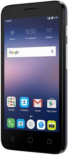 Alcatel Streak front view, black smartphone displaying home screen with Google search bar, weather widget showing 70°F, and app icons including Phone, Contacts, Gmail, and Play Store