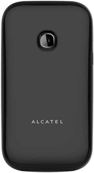 Alcatel Tribe 3000 rear view, black clamshell phone with camera lens and branding visible