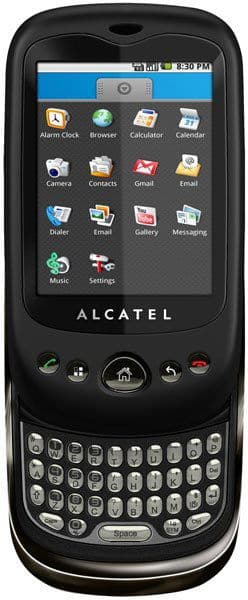 Alcatel Tribe front view, black smartphone with touchscreen displaying app icons and slide-out QWERTY keyboard below