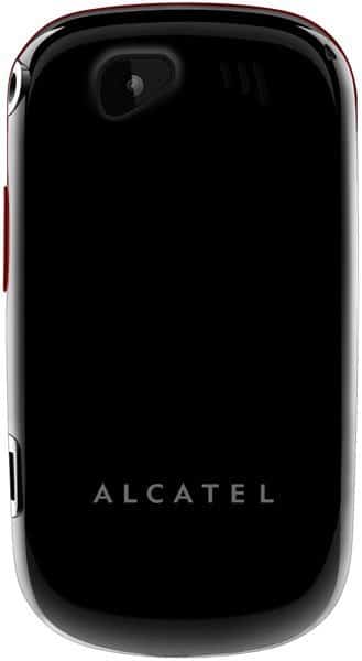 Alcatel Tribe phone, rear view, showing black back with camera and Alcatel branding, red accent on side