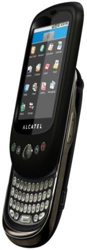 Alcatel Tribe smartphone, front view, showing touchscreen display with app icons above a QWERTY keyboard and navigation controls