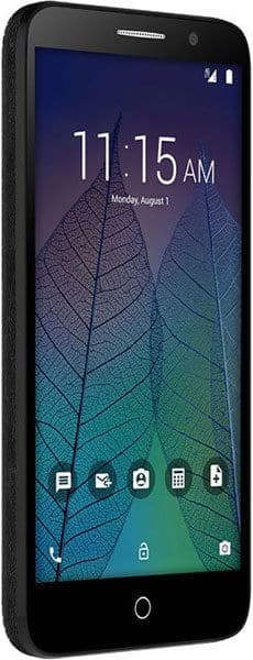 Alcatel Tru smartphone front view with blue leaf-patterned wallpaper, displaying 11:15 AM and Monday, August 1 on screen