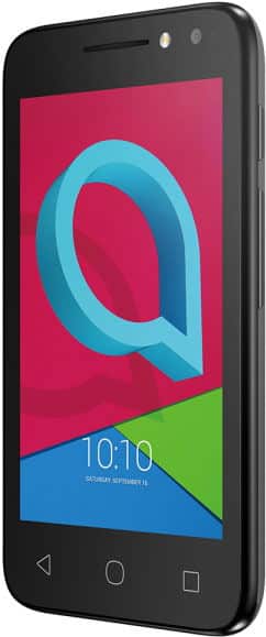 Alcatel U3 (2018) smartphone displayed front-on, showing colorful geometric design on screen with time 10:10 visible at bottom