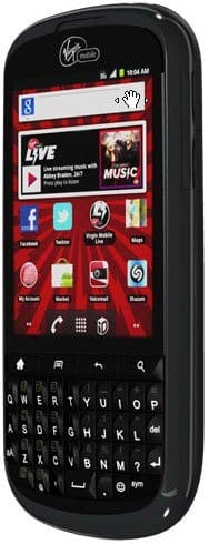 Alcatel Venture front view, black phone with QWERTY keyboard and red home screen displaying apps and icons