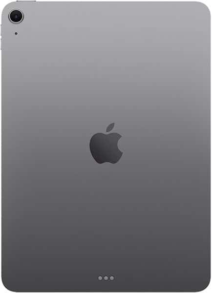 iPad rear view in space gray, showing camera and Apple logo
