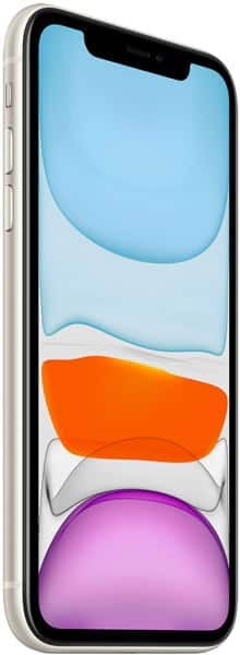 Angled front view of a white iPhone 11 with black bezel, abstract display, and three left-side buttons visible.