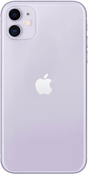 Rear view of lavender Apple iPhone 11 showing dual cameras in top left and centered white Apple logo.