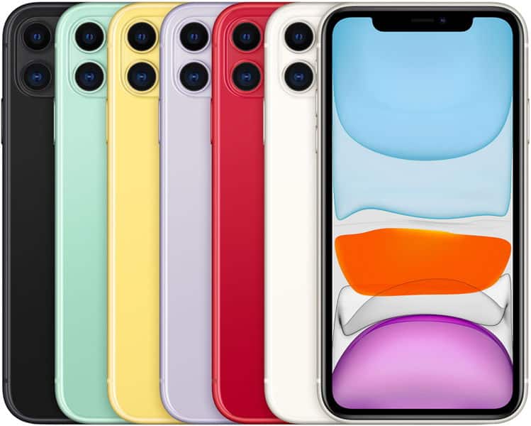 Seven upright iPhone 11s in black, green, yellow, purple, red, white; one front view shows a colorful display.