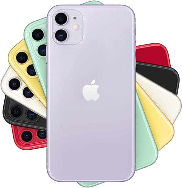 Rear view of multiple iPhone 11 devices in a fan layout, center lavender, with green, yellow, black, white, and red colors.