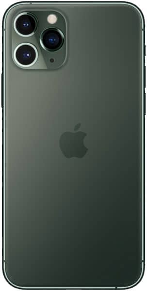 Apple iPhone 11 Pro rear view, midnight green, showing triple-lens camera system and Apple logo