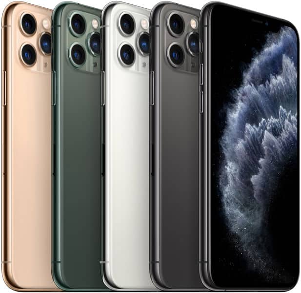 Apple iPhone 11 Pro rear view in four colors: gold, green, silver, and space gray, displayed with one unit showing a cloudy night sky wallpaper