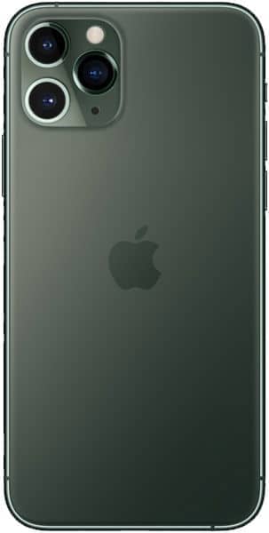 Apple iPhone 11 Pro Max rear view in midnight green, showing triple-lens camera system and Apple logo