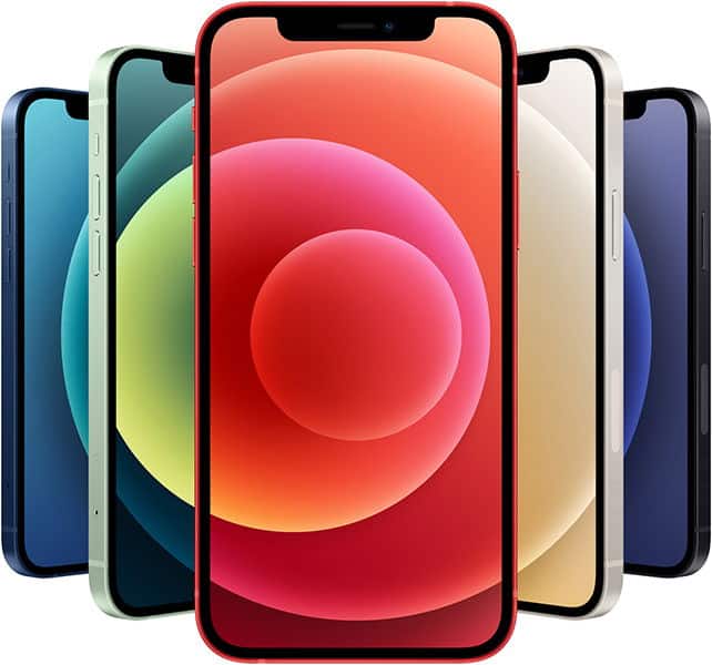 Apple iPhone 12 front view displaying red gradient wallpaper, shown with five color variants arranged in a fan display